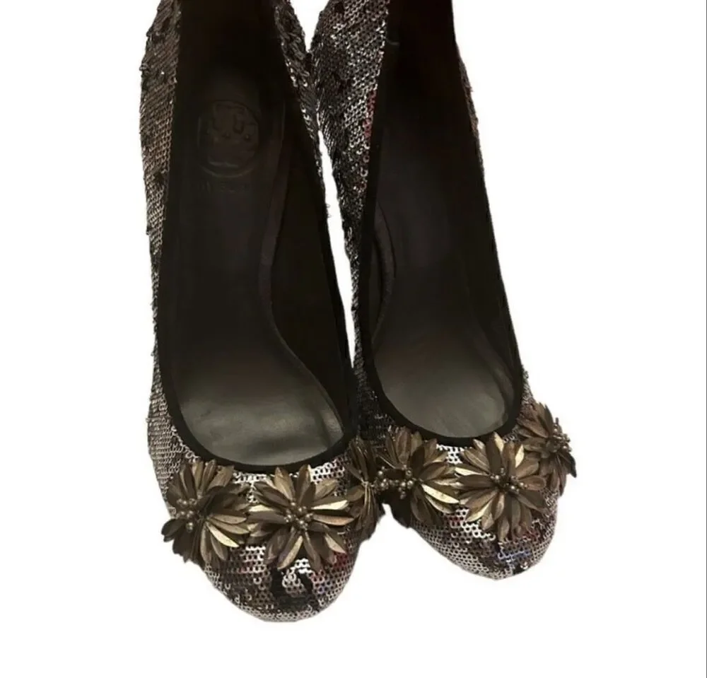 Tory Burch Sequin Embellished Pump Heels Silver Gold Metallic Evening Glam 7.5